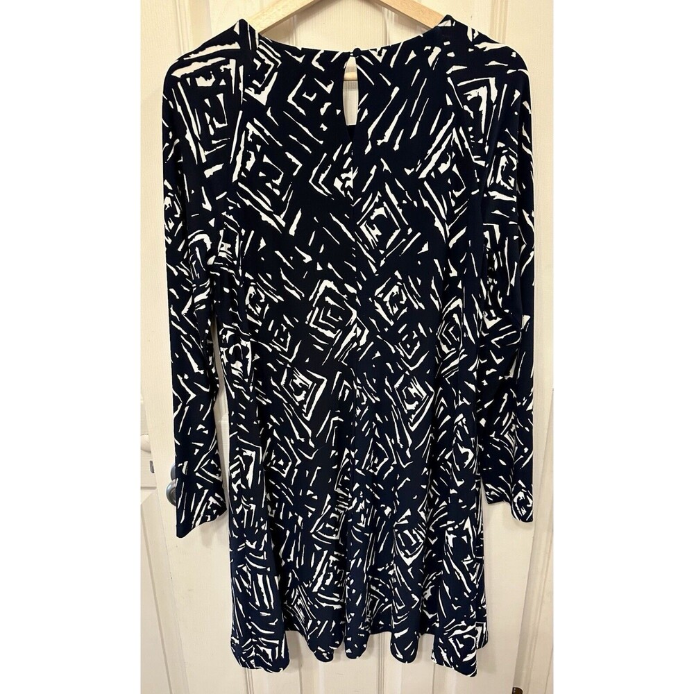 LAUREN RALPH LAUREN Navy Blue White Geometric Size 12 Long Sleeved‎ Lined Dress - Picture 3 of 9
